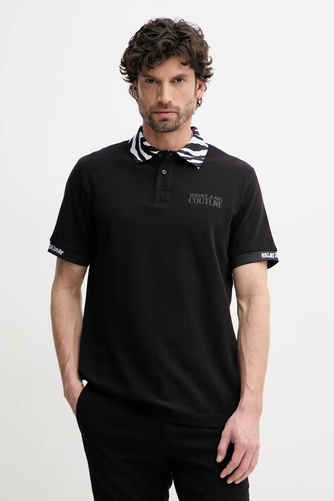 Versace Jeans Couture polo de bumbac barbati, culoarea negru, cu imprimeu, 78GAGT06 CJ01T