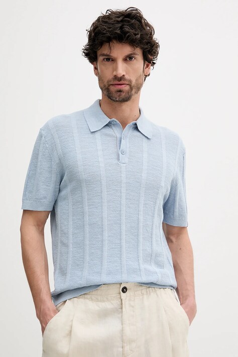 United Colors of Benetton polo z domieszką lnu męski kolor niebieski gładki 115GK301G