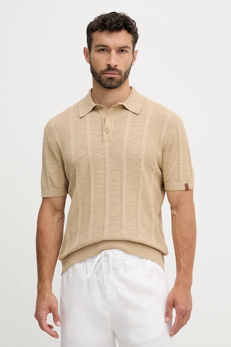 Polo tričko s prímesou ľanu United Colors of Benetton béžová farba, jednofarebné, 115GK301G