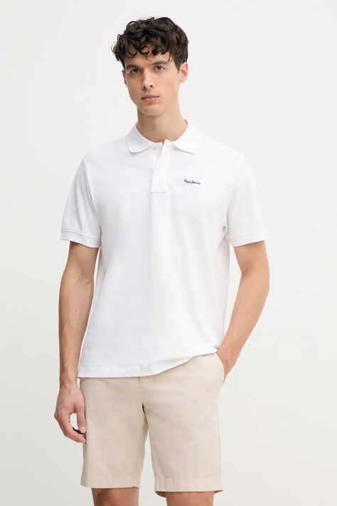 Pepe Jeans polo de bumbac ESSENTIAL POLO CONTRAST LOGO barbati, culoarea alb, neted, PM542298