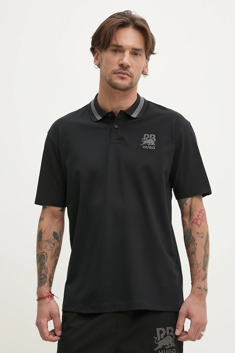 HUGO tricou polo x RACING BULLS barbati, culoarea negru, cu imprimeu, 50542748