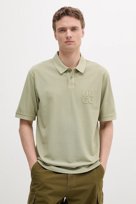 HUGO polo de bumbac culoarea verde, neted, 50535286