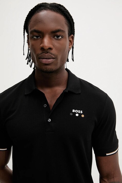 Памучна тениска с яка BOSS Green в черно с изчистен дизайн 50545707