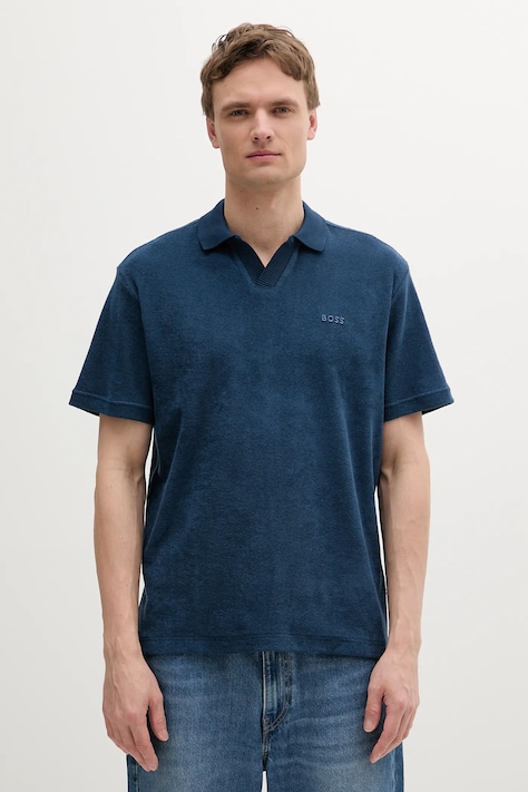 BOSS Orange polo de bumbac culoarea bleumain, neted, 50539869