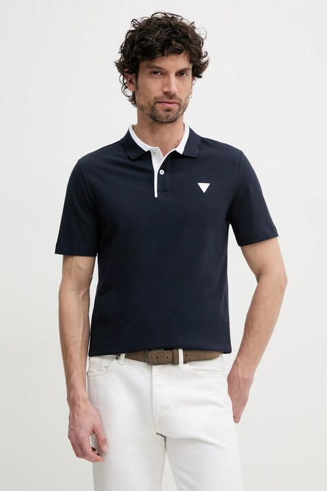 Guess tricou polo barbati, culoarea albastru marin, neted, M5GP44 K7O64