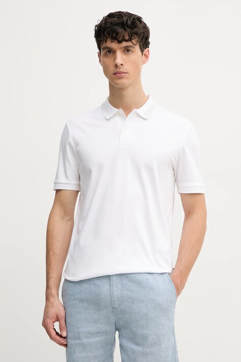 BOSS polo de bumbac barbati, culoarea alb, neted, 50531791