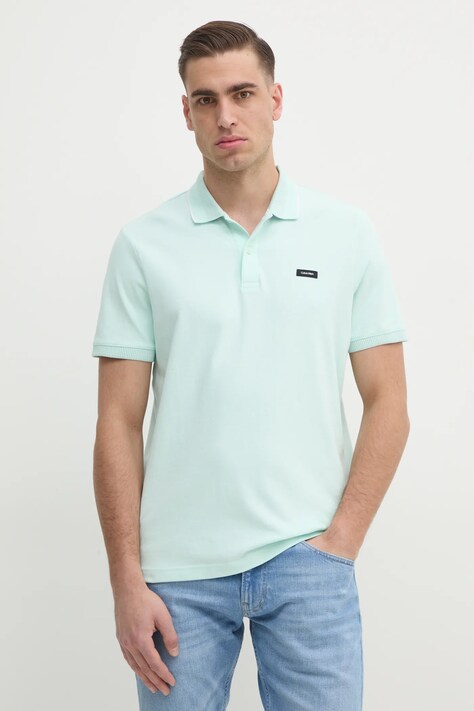 Calvin Klein tricou polo barbati, culoarea turcoaz, neted, K10K114141