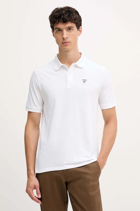 Pamučna polo majica Guess za muškarce, boja: bijela, bez uzorka, F5GP00 K9WF1