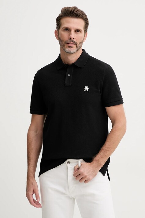 Βαμβακερό μπλουζάκι πόλο Tommy Hilfiger ανδρικό, χρώμα: μαύρο, MW0MW33167