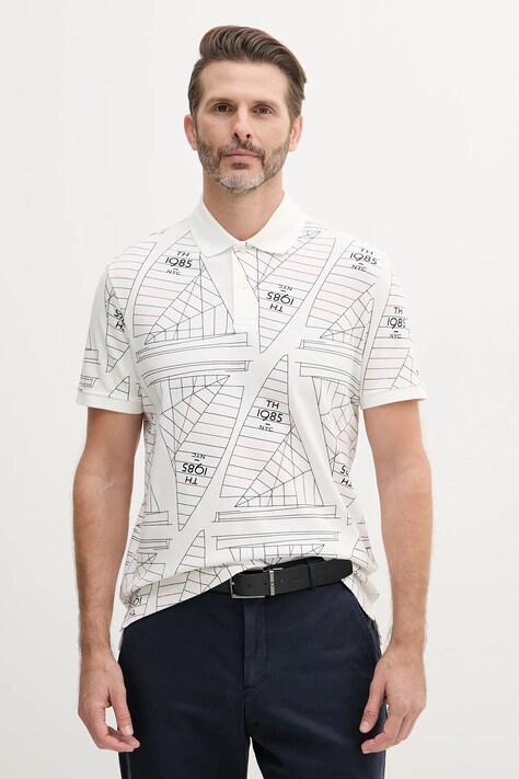 Tommy Hilfiger polo de bumbac culoarea alb, cu imprimeu, MW0MW39309