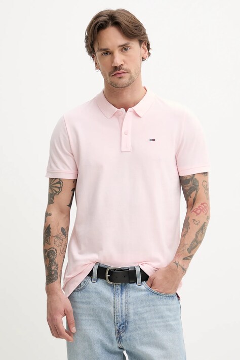 Tommy Jeans polo de bumbac barbati, culoarea roz, neted, DM0DM20676