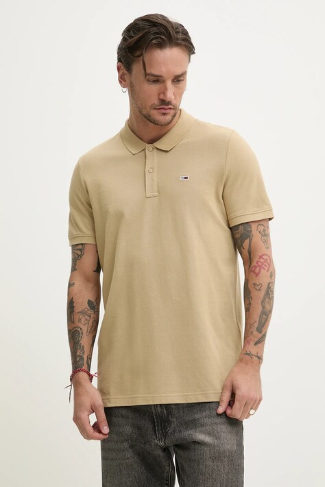 Tommy Jeans polo de bumbac barbati, culoarea bej, neted, DM0DM20676