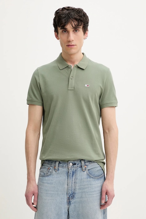 Tommy Jeans polo de bumbac barbati, culoarea verde, neted, DM0DM20676