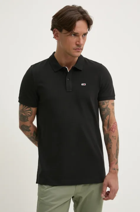 Tommy Jeans polo de bumbac barbati, culoarea negru, neted, DM0DM20676