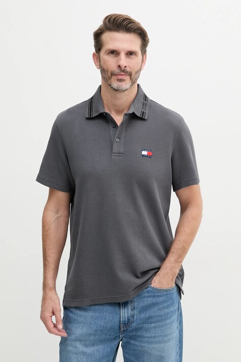 Bavlnené polo tričko Tommy Jeans šedá farba, jednofarebné, DM0DM20917