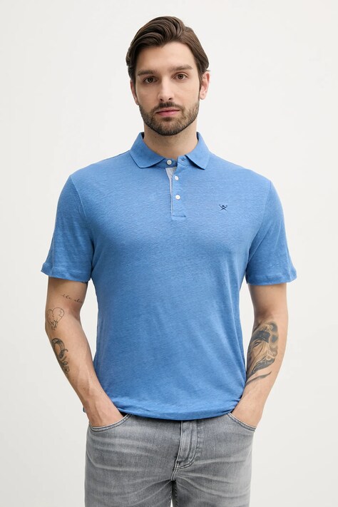 Hackett London polo lniane męski kolor niebieski gładki HM563435