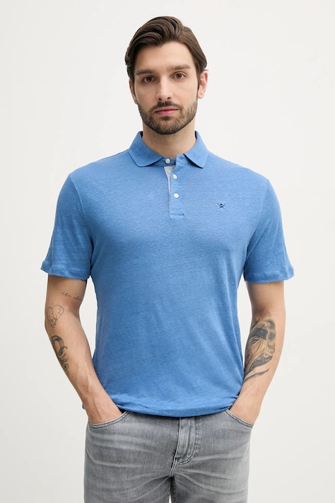 Hackett London polo lniane męski kolor niebieski gładki HM563435