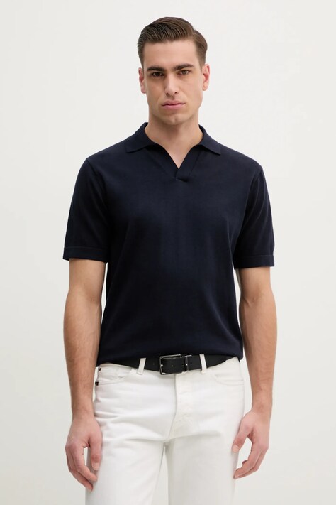 Hackett London polo cu mătase barbati, culoarea albastru marin, neted, HM703324