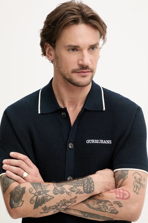 Guess Jeans camasa din bumbac barbati, culoarea albastru marin, cu guler clasic, regular, M5GR18 Z3HM1