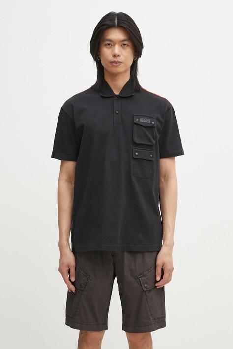 Napapijri polo de bumbac E-Rivalto bărbați, culoarea negru, uni, NP0A4ID89411