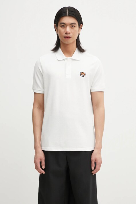 Памучна тениска с яка Kenzo Happy Tiger в бяло с изчистен дизайн FF55PO5434PU.02