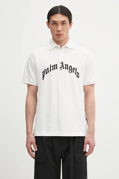 Памучна тениска с яка Palm Angels Curved Logo в бяло с апликация PMGB012S25FAB0030310