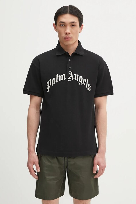 Palm Angels cotton polo shirt Curved Logo black color with an application PMGB012S25FAB0031003