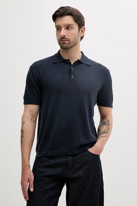 Поло с примесью льна Sisley цвет синий однотонное 105GS300L