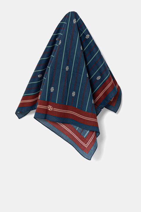 Drôle de Monsieur eșarfă din bumbac Le Foulard RayE Monogramme bărbați, culoarea albastru marin, cu imprimeu, G-BA014-CO128-BE