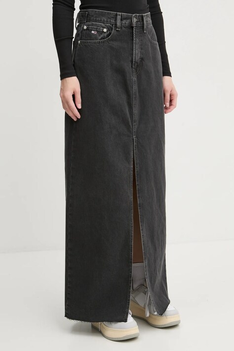 Tommy Jeans fustă din denim culoarea negru, midi, drept, DW0DW20554