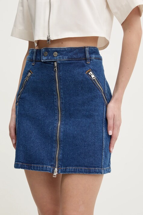 Džínová sukně HUGO tmavomodrá barva, mini, pouzdrová, 50530320