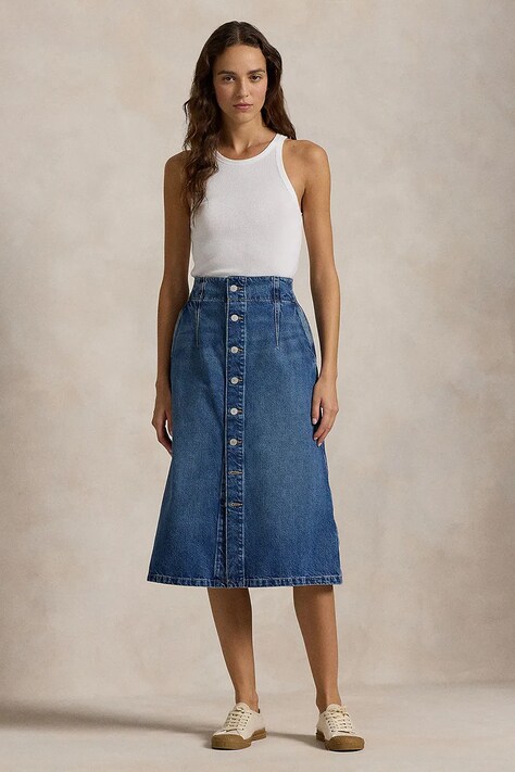 Polo Ralph Lauren fusta din bumbac denim midi, evazati, 211959036