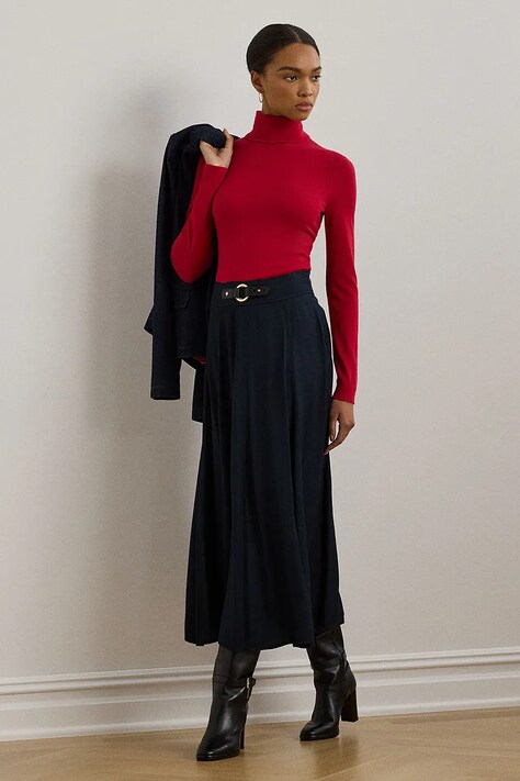 Lauren Ralph Lauren fusta culoarea albastru marin, midi, evazati, 200962242