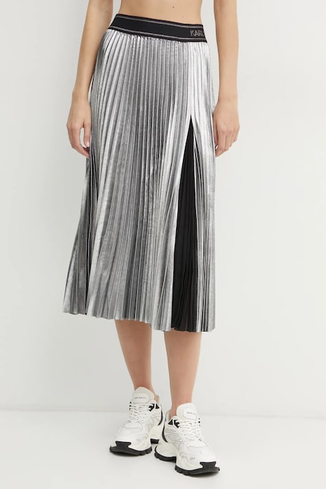 Sukňa Karl Lagerfeld strieborná farba, midi, áčkový strih, A1W12004