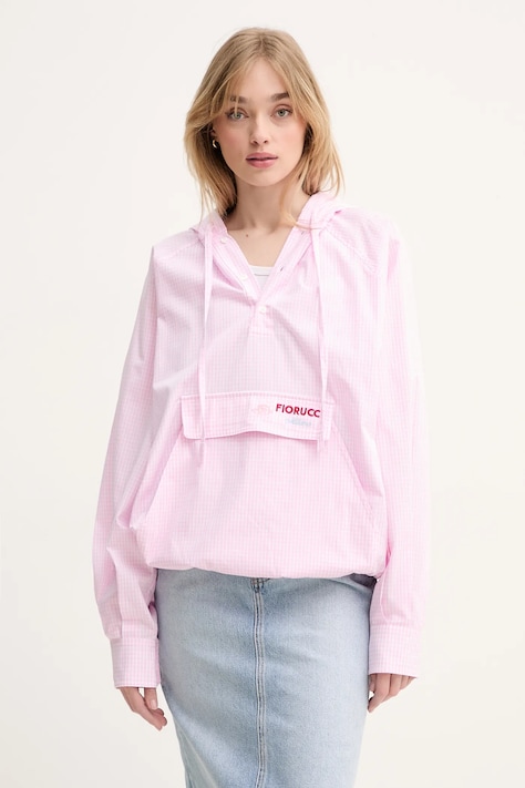 Pamučna dukserica Fiorucci Gingham Logo Hoodie Shirt za žene, boja: ružičasta, s kapuljačom, s uzorkom, W02SPTLO286CO01PN02