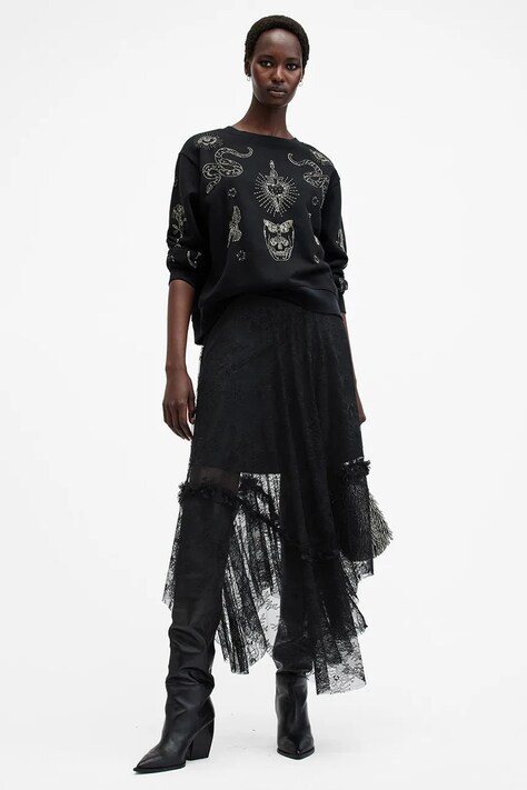 AllSaints fustă JOSIE culoarea negru, midi, evazați, W044RB