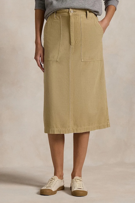 Polo Ralph Lauren fustă din bumbac RICKY MD SK culoarea bej, midi, evazati, 211959051