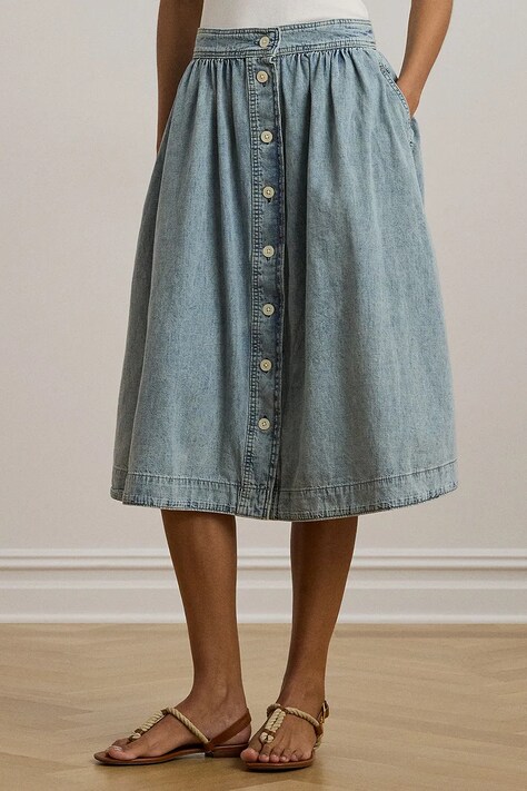 Bavlnená rifľová sukňa Lauren Ralph Lauren midi, áčkový strih, 200963898