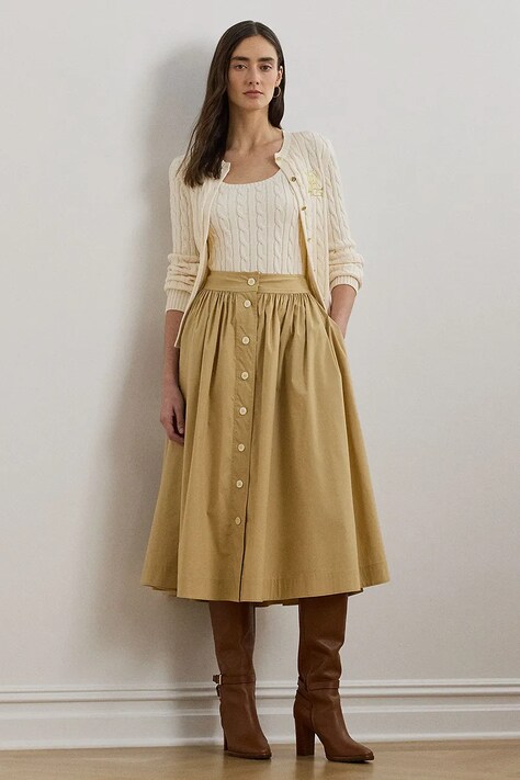 Спідниця Lauren Ralph Lauren колір бежевий midi розкльошена 200963756