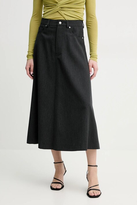 Nanushka fusta de lana CINTIA culoarea gri, midi, evazati, NW25RSSK15294