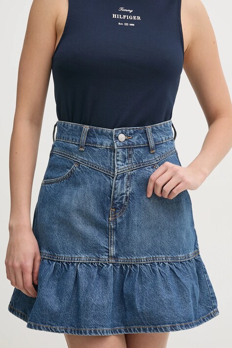 Džínová sukně Pepe Jeans MINI SKIRT HW RUFFLE modrá barva, mini, áčková, PL901209