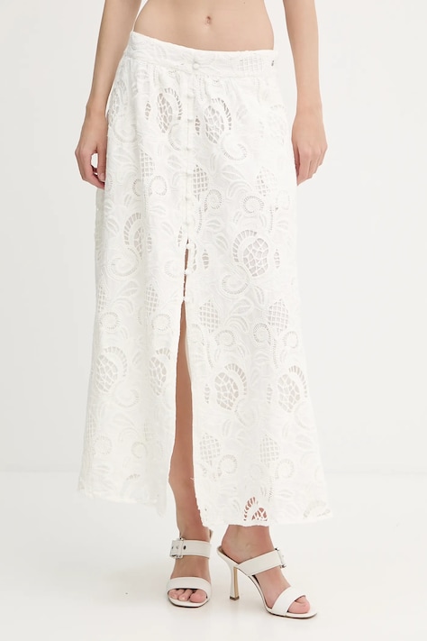 Guess fustă din bumbac DOMITILLE culoarea bej, midi, drept, W5GD63 WH521
