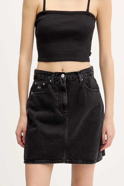 Tommy Jeans fustă din denim culoarea negru, mini, drept, DW0DW21275