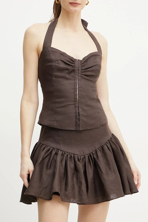 Bardot fustă din in AMORETTE culoarea maro, mini, evazati, 59864SB2