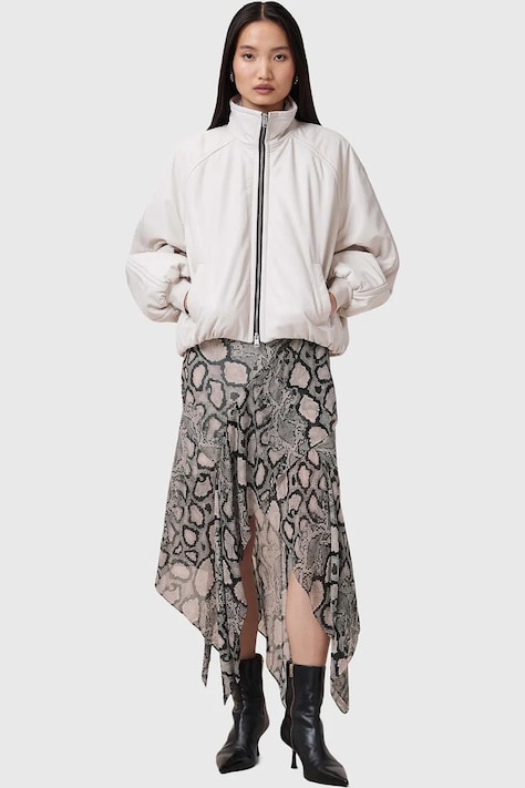 Спідниця з домішкою шовку AllSaints CASSIE midi розкльошена W013RC