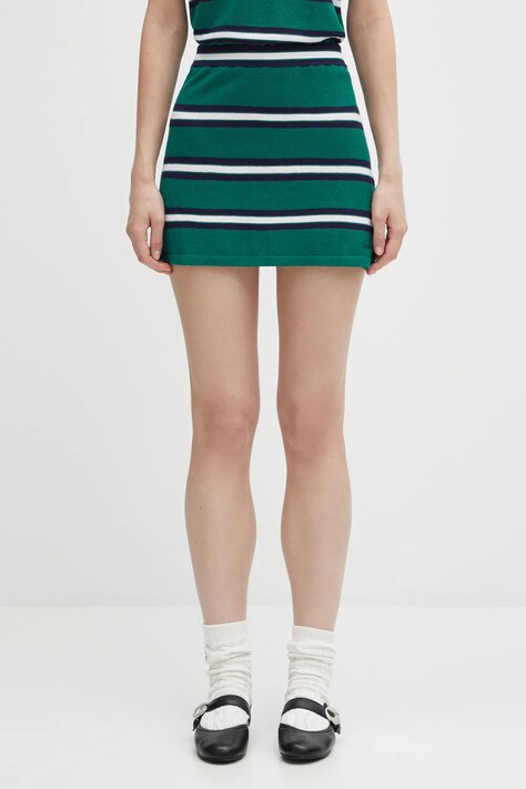 Sporty & Rich spódnica z domieszką jedwabiu Serif Logo Silk Pique Aline kolor zielony mini rozkloszowana SK016621300GR50
