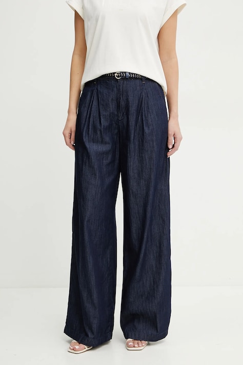 Памучен панталон Liu Jo в тъмносиньо с широка каройка, с висока талия UA5151 D3202