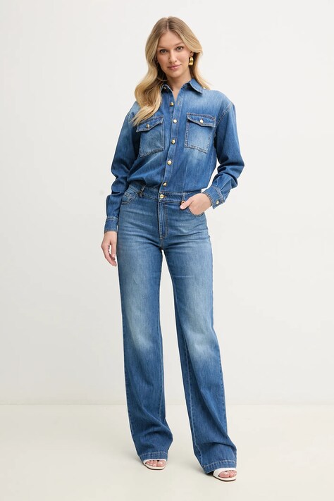 Elisabetta Franchi salopeta jeans bumbac, cu guler, TJ38D51E2