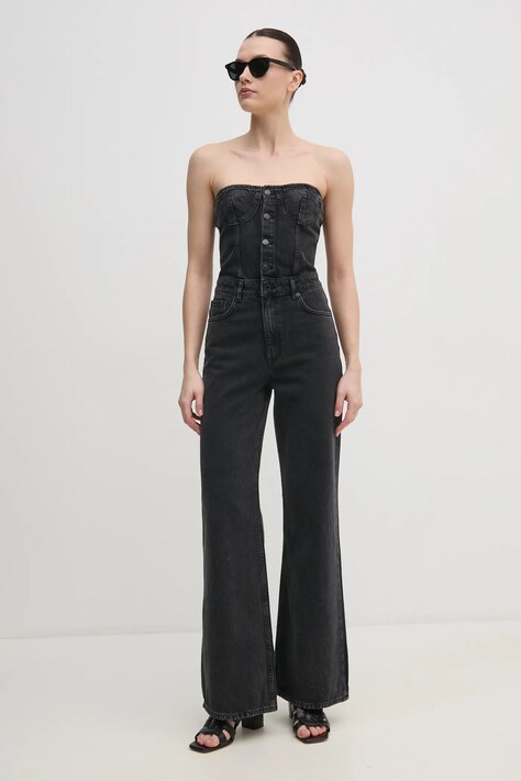 Džínový overal Sisley šedá barva, bavlněný, cold shoulder, 42Y7LT00M