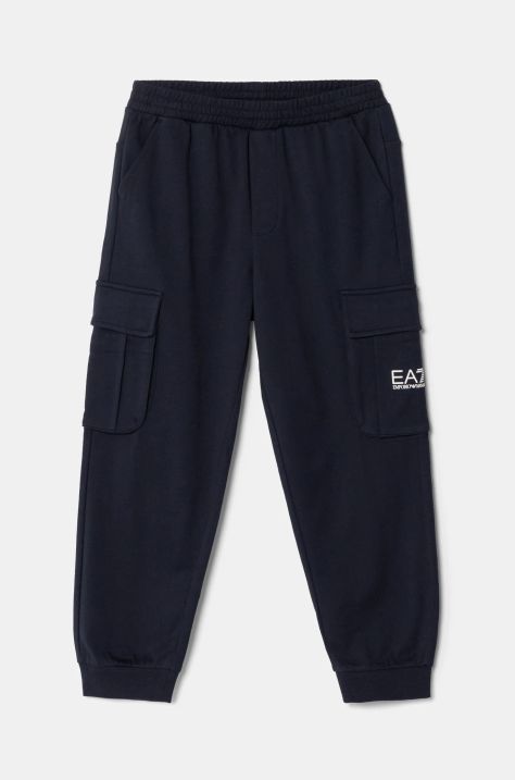 EA7 Emporio Armani pantaloni de trening din bumbac pentru copii culoarea albastru marin, neted, 7B000028 AF10380